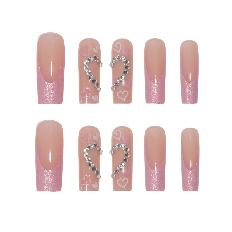 Wholesale Valentine's Day Long Glitter Heart and Diamond Wearable Manicure Nails
